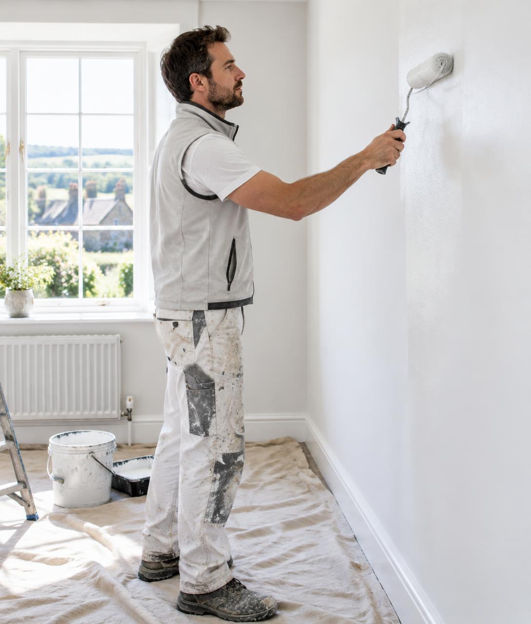 Painter carefully applying a fresh coat to an interior wall